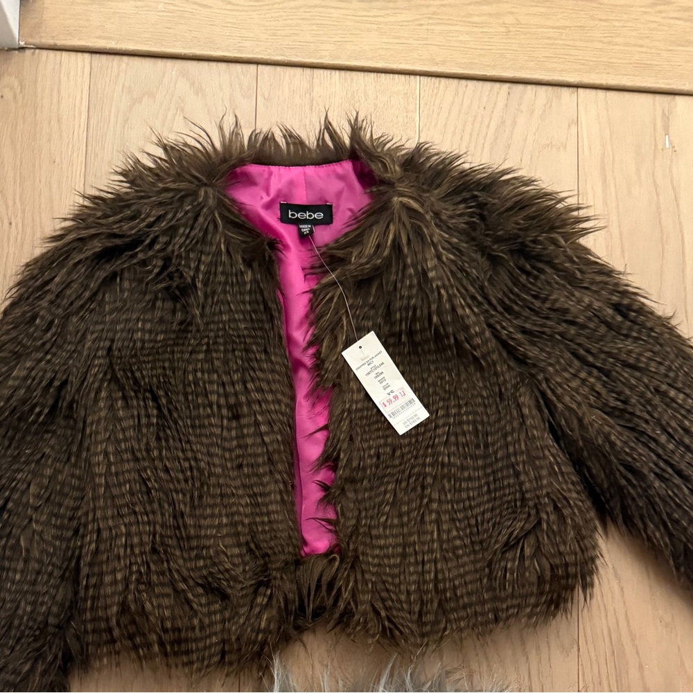Bebe Brown and Pink Shaggy Faux Fur Cropped Jacket